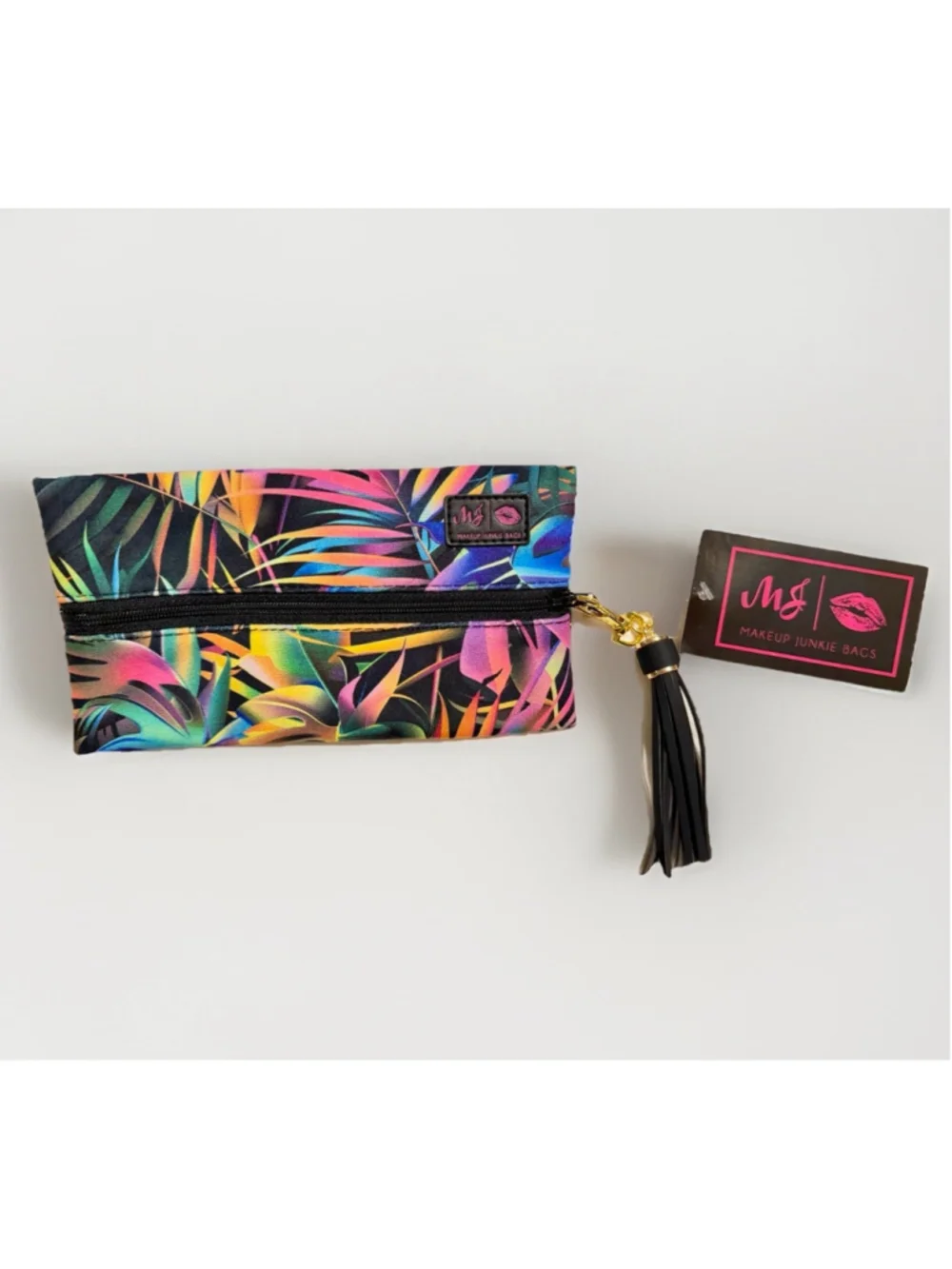 Makeup Junkie Mini Tropical Neon Palm Leaf Bag Wristlet Clutch Zip Pouch